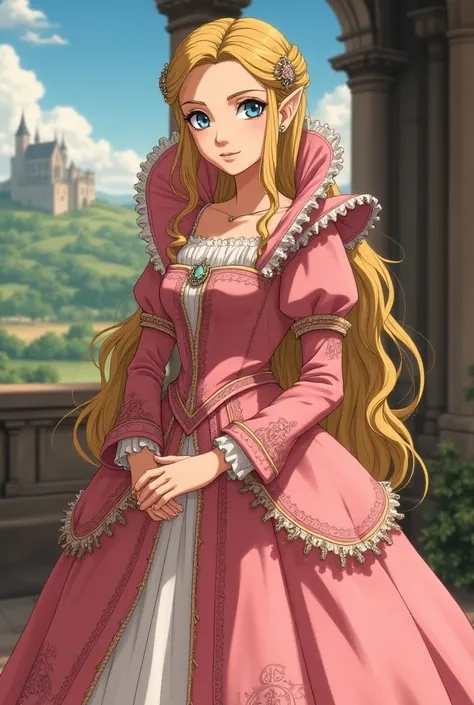 1400s Anime, Renaissance Princess Zelda wearing a Pink Dress with a Massive Popped Collar thats taller than her head