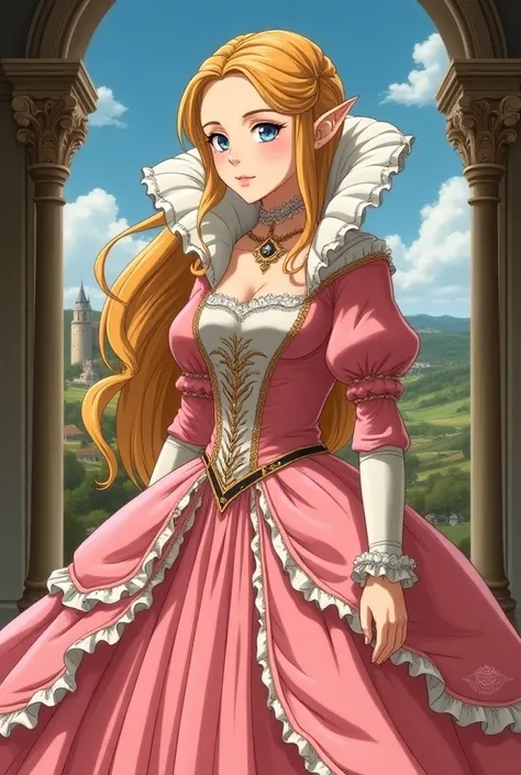 1400s Anime, Renaissance Princess Zelda wearing a Pink Dress with a Massive Popped Collar thats taller than her head