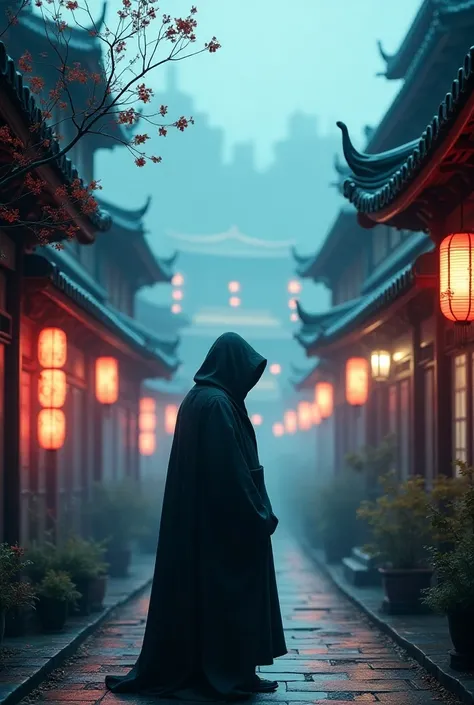 anime - style scene of a street with a man in a cloak, ghost of tsushima, traditional japanese concept art, dreamy chinese town, ancient chinese town, sekiro in bloodborne world, cyberpunk chinese temple, 4 k resolution concept art, chinese city, 4k concep...