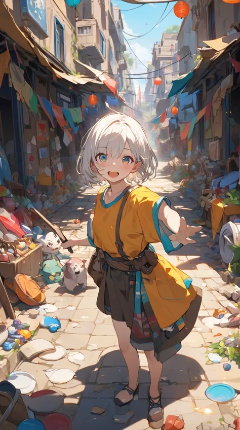 One Girl、Excited expression、Shining Eyes、Short Hair、 Functional Outdoor Wear 、 Attitudes Looking for Relics from an Old City、Small breasts、  
   break、  
    bright sunlight、( Energetic Light :1.2)、 Vivid Hues 、Powerful Shadow、 Vibrant Atmosphere 、  
   br...