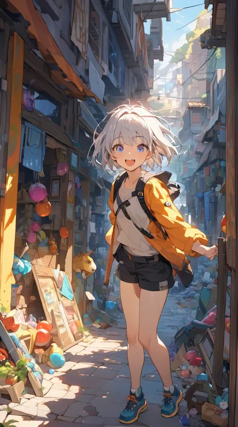 One Girl、Excited expression、Shining Eyes、Short Hair、 Functional Outdoor Wear 、 Attitudes Looking for Relics from an Old City、Small breasts、  
   break、  
    bright sunlight、( Energetic Light :1.2)、 Vivid Hues 、Powerful Shadow、 Vibrant Atmosphere 、  
   br...