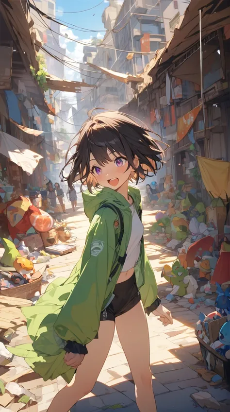 One Girl、Excited expression、Shining Eyes、Short Hair、 Functional Outdoor Wear 、 Attitudes Looking for Relics from an Old City、Small breasts、  
   break、  
    bright sunlight、( Energetic Light :1.2)、 Vivid Hues 、Powerful Shadow、 Vibrant Atmosphere 、  
   br...