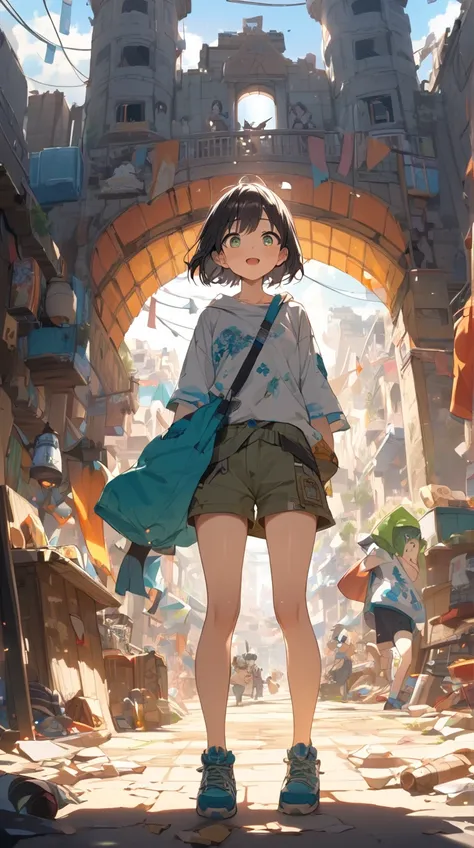 One Girl、Excited expression、Shining Eyes、Short Hair、 Functional Outdoor Wear 、 Attitudes Looking for Relics from an Old City、Small breasts、  
   break、  
    bright sunlight、( Energetic Light :1.2)、 Vivid Hues 、Powerful Shadow、 Vibrant Atmosphere 、  
   br...