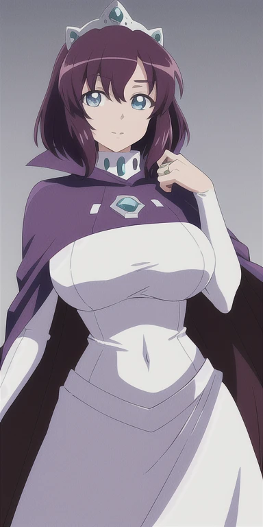 henrietta_de_tristain, huge_breasts, standing, solo, white_turtleneck_dress_massive popped collar white_thighhighs_white_garter_...