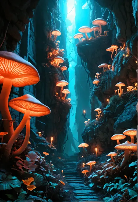 A dark and mysterious underground world, ethereal glowing mushrooms, bioluminescent plants, ancient ruins, otherworldly creatures, dramatic lighting, intricate structures, fantasy landscape, cinematic composition, muted color palette, surreal atmosphere, d...