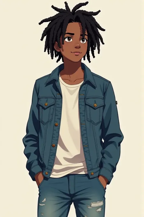 Black anime character with dreads in his hair he is a 17-year-old who wears jeans and a denim jacket 