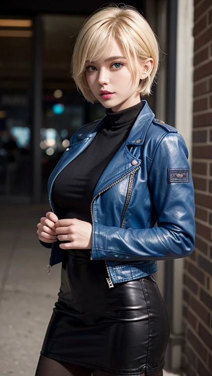 solo , 1girl , leather dress , big breast , American girl , blue jacket , Short hair , blonde hair