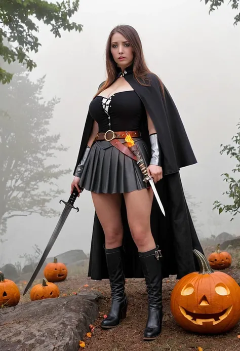 A sexy woman (age 25, role of headless horseman, black cape, soldier shirt unbuttoned, belt with sword in scabbard, soldier miniskirt, thigh high come fuck ,e boots, jack-o-lantern for a head) standing by her nightmarish steed (black, flaming eyes), on a g...