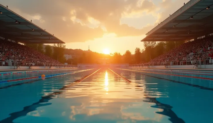  close-up on the water of a empty majestic wide exterior Olympic swimming pool. the crowd is applausind and clapping the new worlds record of the woman high dive jump. theres a high diving board at 30 feet high above the pool and the city . The sun is sett...