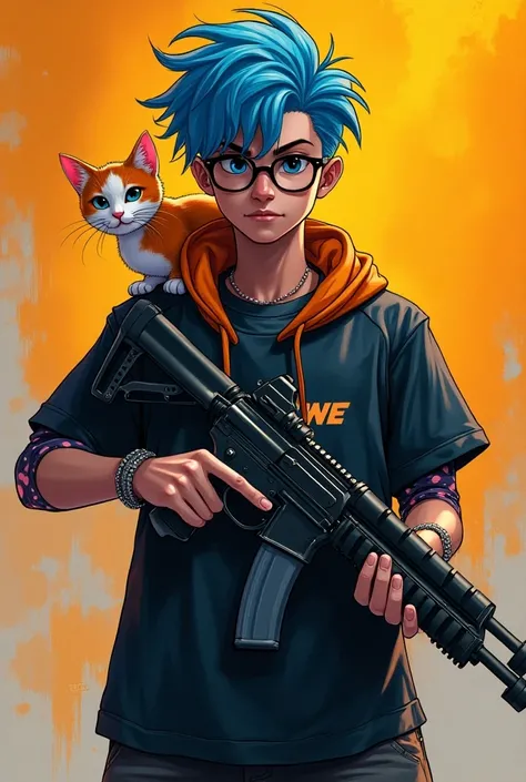 Boy wearing vlone shirt, bea pants, glasses, holding uzi gun, hairstyle, blue, fed-white rock dress, with an orange-white cat on the left shoulder 