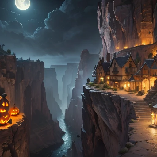 ((Best quality)), (((masterpiece))), dynamic lighting, (Canyon cliff city), (Medieval architecture), ((Houses built on a rock wall)), very deep canyons in the middle, Deep river at the bottom of the canyon, (architectural streets, bazaars, ((Big Bridges)))...