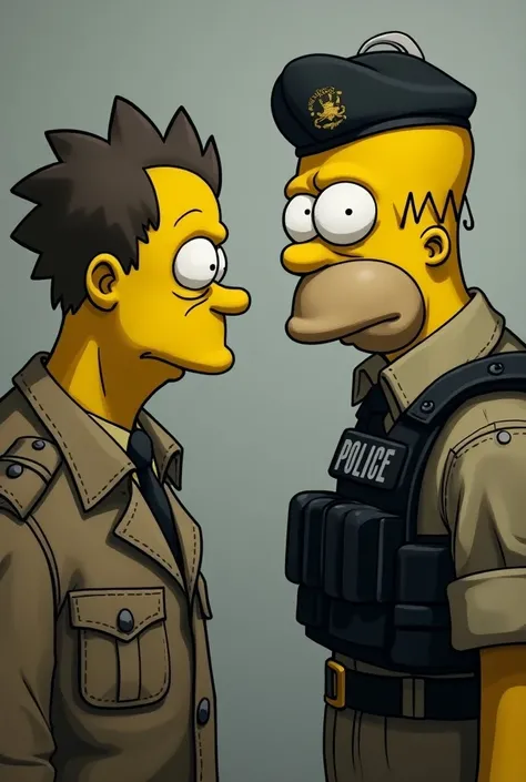 Homer Simpson with a penetrating look at military policeman wearing a black beret,  black tactical vest and grayish-sand uniforms 