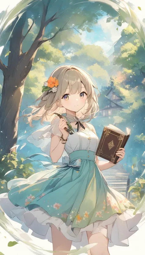   The bright lines and soft colors create a dreamy effect., Fleeting Impressions..,One Woman、The Old Tree House   、  A Girl Holds an Iron Sword  、Holding a sword、Hands２Books only、cute、  Fantasy  、  Fantasy   皮の鎧、whole body、Character portrait、