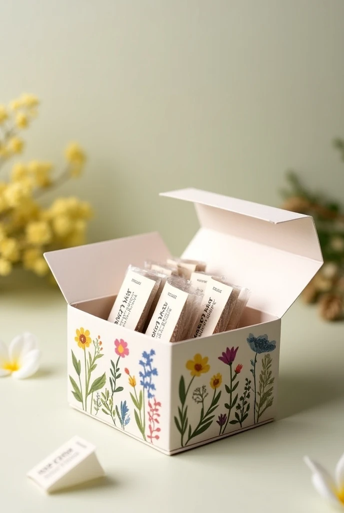  A small box that opens , with tea bags ,  with a design of healing plants for sample pain,  with the brand tea relieves 