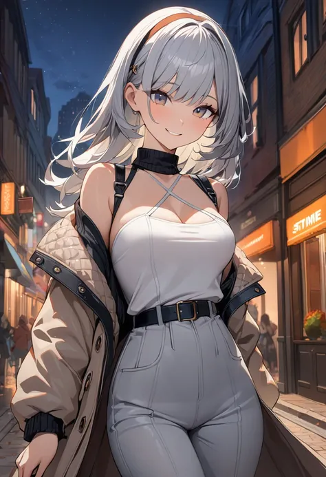  1 girl, solo, smile,  shortcuts,  High Resolution , masterpiece,  textured skin,  shortcuts, Silver Hair, Beauty,Autumn outfit,fine,bright,sexy,night,Slender,chest,Hairbands,bustling street,Aperture F1.2, 