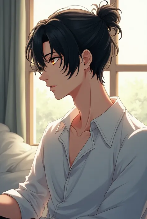 (((orange eyes))),delicate eyes beautiful eyes, A beautiful young man with jewel-like eyes, Black hair, Shoulder length, Tied up, Orange eyes, slit-eyes, Sitting, bedroom, window, Cool clothes in black, Japanese anime, Clear line drawing, Transparent water...