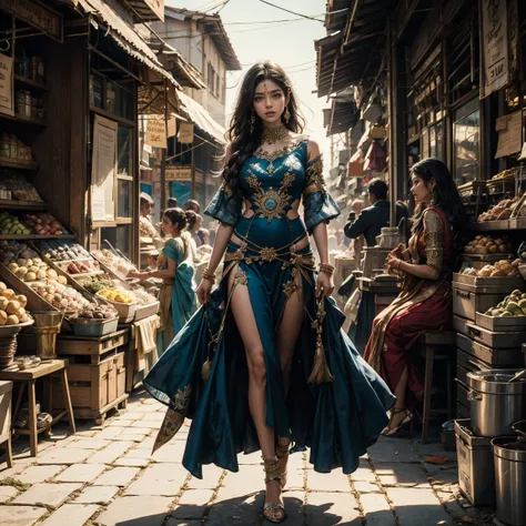 full body circa 1800 fairy tale movie scene beautiful Indian princess in bright colorful airy dress walking in an Indian market long black hair realistic skin texture vivid colors meticulously crafted textures romantic oriental feel cinematic