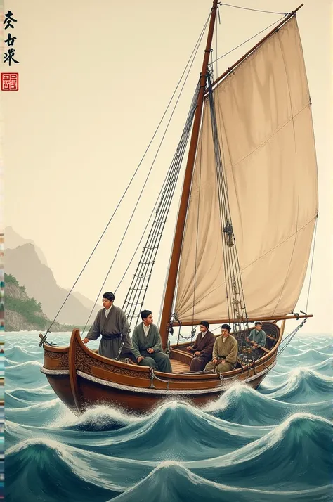 Chinese sailboat painting with crew