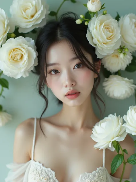 real photograph, A japanese young woman in a White Rose, white Daisy,  white Peony, white Marigold, costume poses for a photo, inspired by Annie Leibovitz , tumblr, gorgeous bikini model, anime Barbie doll, ultra-realistic cute girl,