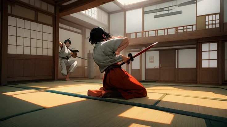 3D, Japanese, Dojo, Indoor, 2 people fighting with wooden sword, Ghibli style, competition, interior,creative