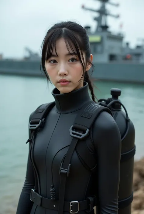 a beautiful and cute 18-year-old japanese girl with photo-realistic features, extreme close up:1.1, scuba diving, resting on the...