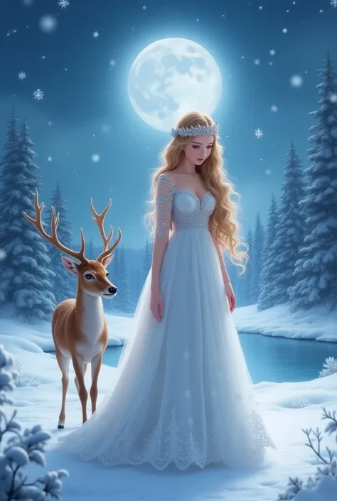 A girl in a long white silver dress with a deep neckline. She has blond wavy hair, bright blue eyes, and a sparkling tiara on her head. A small deer stands next to her. A winter forest and a frozen small lake in the background. Snowflakes are falling. It i...