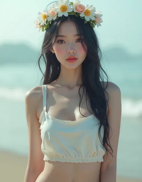 Best Quality, A beautiful Japanese woman, Black-haired , Big Eyes , Long wet black hair and soft、Photorealistic image of a young woman, Glowing Skin, Standing on the beach on a misty morning. girl,White oversized tank top,White panties、bangs,smile,Since be...