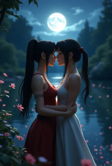 Crée moi une image réaliste en 3D avec Tifa qui donne un baiser sur les lèvres  à Aerith les 2 personnages sont des femmes près dun lac sous un ciel étoilé avec la pleine lune