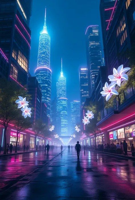 Modern big city is bright in neon light with Buildings of white lilies radiate neon light