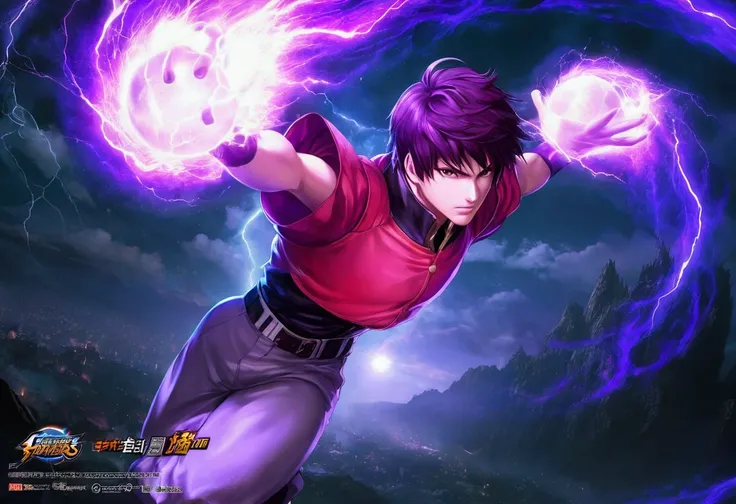  close-up of a person holding a purple ball in both hands, Epic anime style,  Muratas domain and Artagram ,  is a character from the King of Fighters , The King of Fighters style , awesome anime of energy man,  inspired by Tomioka Tesai ,  Maya Ali as the ...