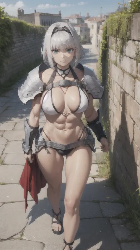  White Short Hair Big Chest Black Skin Beauty，Abdominal muscles， Silver Bikini Armor ，Bare Legs，sandals，Buckler，pike，Ancient City Wall ， High Resolution, 