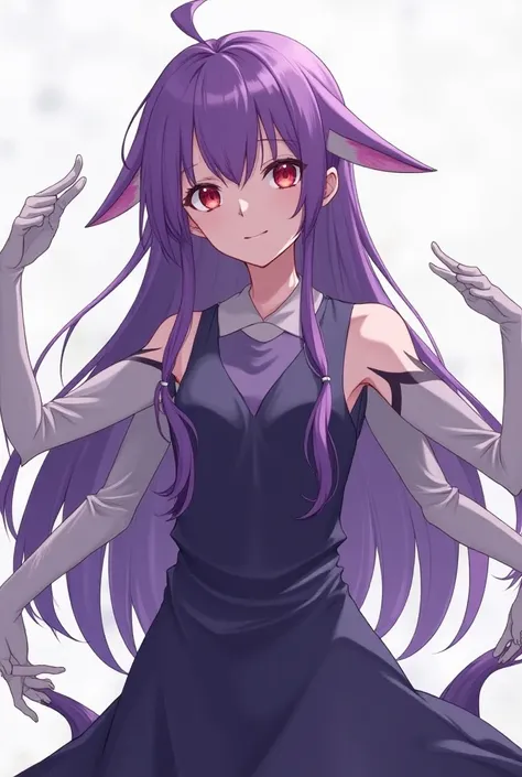 (1girl,18 year)anime,purple hair,long hair,tuin tail,red eye,extra arms,six arms,ear pointy,