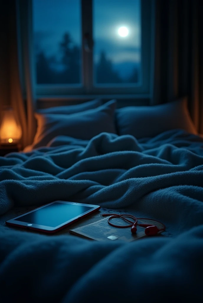  the view of us wearing a blanket but the pov picture is of us which is just a picture of our blanket with an ipad on it, there are earphones and there are comic books and they use lighting from the moonlight only so it is illuminated 