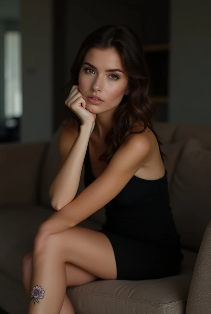  A woman is sitting on a couch ,  wearing a black dress, and holding her chin ,  she has long wavy brown hair , brown eyes, intense and penetrating look, Sensual, Thirty years,  she has a flower tattoo on her leg ,  large image modern and sophisticated min...