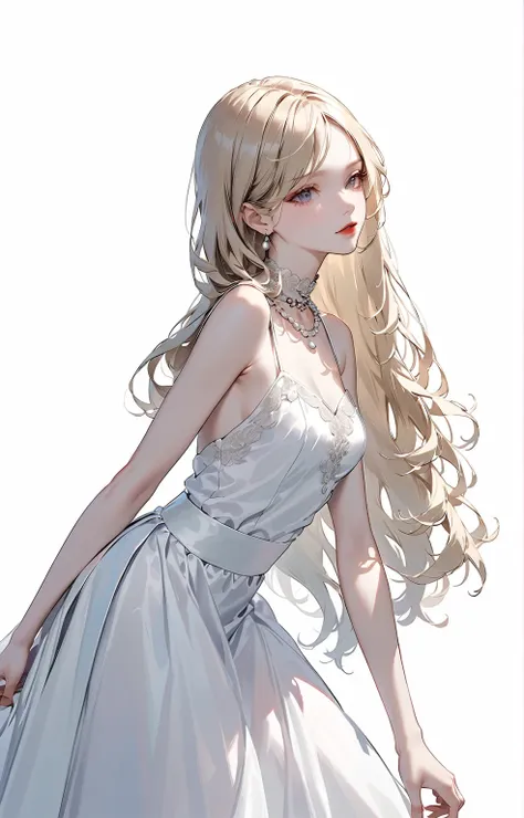 woman with long, wavy platinum blonde hair, styled in loose waves, wearing a delicate, beaded white gown with lace details, standing in a side profile with one hand on her back and the other at her side, looking forward with a neutral expression, her body ...