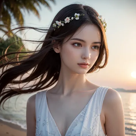 a beautiful girl in white dress, 3D text "VANISA" floating in the air in front of her, on a beautiful beach, long straight hair, slight smile, holding a white rose, realistic, vibrant colors, perfect and beautiful composition, detailed facial features, det...