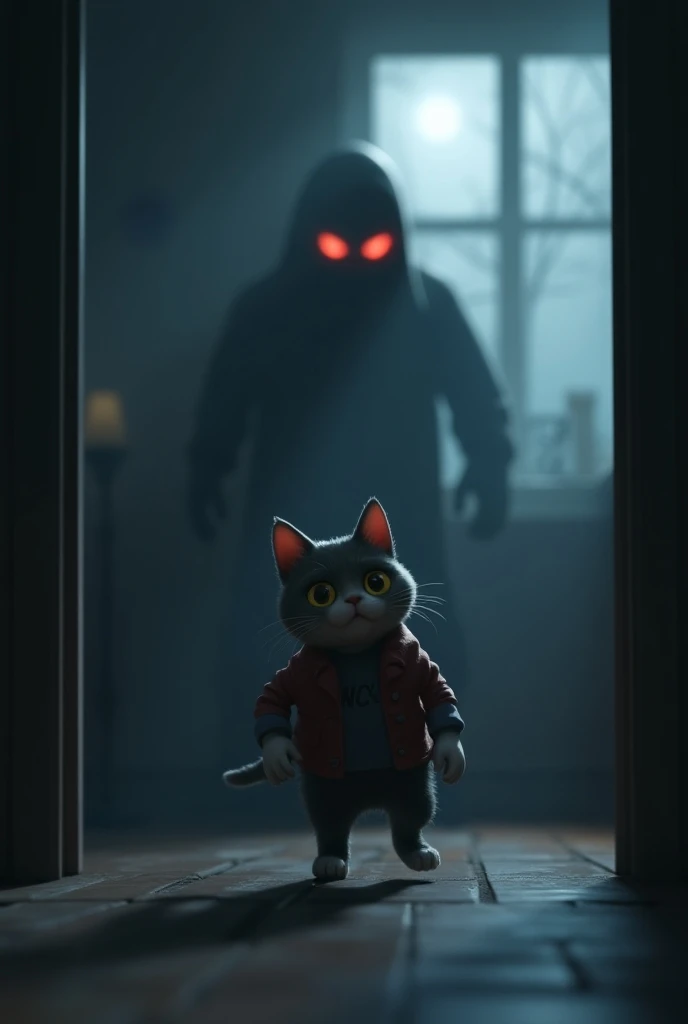 3D animation A cat that walks like a human being in the afternoon, it is also wearing clothes and it is in a room in a house, it is hiding from someone, it has fear on its face And the moonlight is coming in through the window of the room and there is a ve...