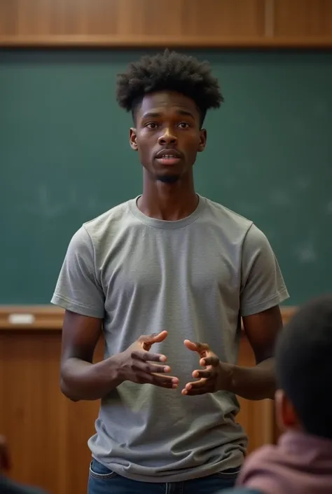 Student Boy, dark skinned, And gray t-shirt ,  in a lecture in an explanatory position