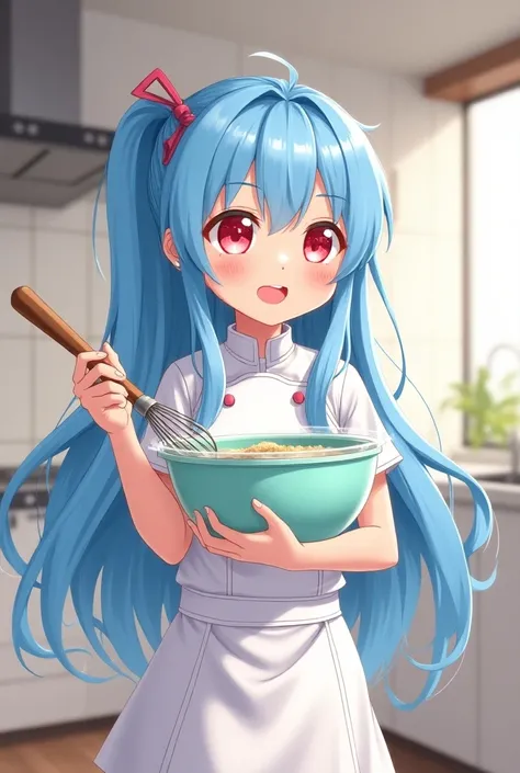 A kawaii cute teenage anime girl, long sky blue hair like a morning sky, bright heart pink colored eyes, wearing a chef attire, holding a clear mint colored plastic bowl, while holding a whisk with the right hand mixing a batch of chocolate and vanilla cak...