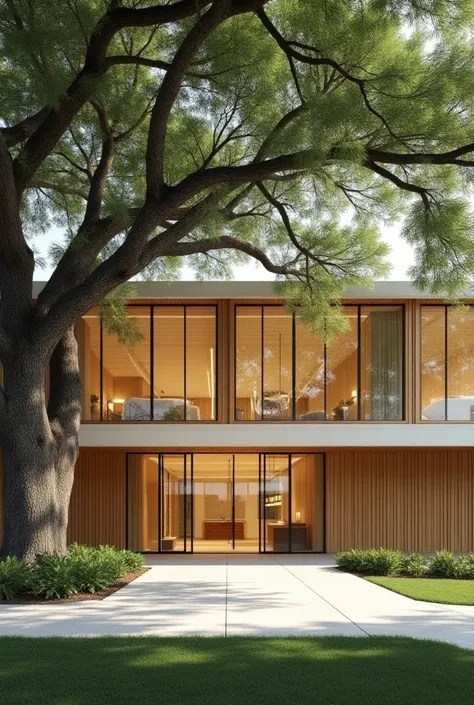  Front of an equine in vitro fertilization company.  equine IVF laboratory with large light wood windows, In front a tree   