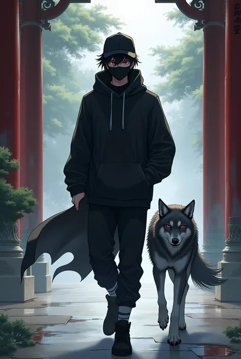 1 young man, 1 gray wolf, unasha : wearing a black mask,  in a black sweatshirt , in black pants,  wearing black ankle boots ,  wearing a black cap , black hair,  red eyes,  are walking with a wolf from a Chinese temple, anime