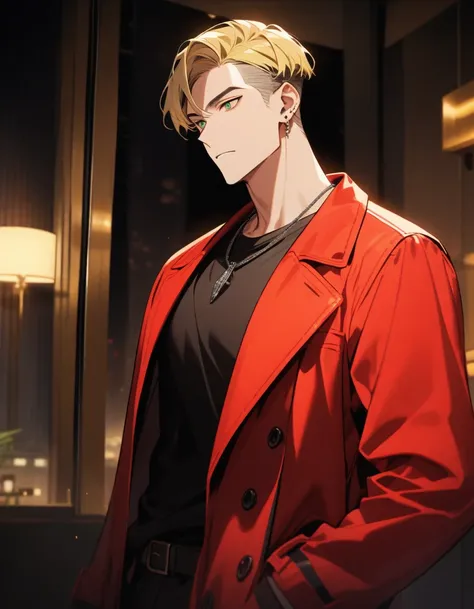 Half body, one adult man, handsome, wearing a red coat, cool, two block haircut, sixpack, silver necklace, yellow hair, green eyes, gold earing, room hotel night background