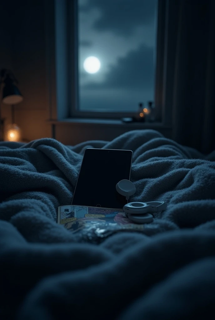  the view of us wearing a blanket but the pov picture is of us which is just a picture of our blanket with an ipad on it, there are earphones and there are comic books and they use lighting from the moonlight only so it is illuminated 