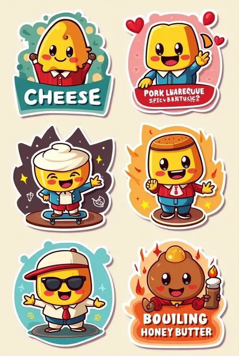 sticker label layout 5 pieces separately big text with picture design related to word Big Text: Cheese Design: cute Cheese cartoon in school uniform Big Text: BBQ Design: Cute Pork Barbecue Cartoon with shades and smoke pipe Big Text: Sour Cream design: Cu...