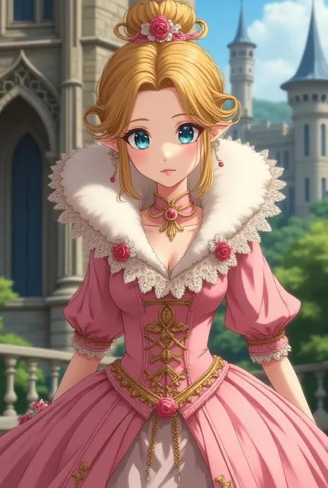 1400s Anime, Renaissance Princess Zelda wearing a Pink Dress with a Massive Popped Collar