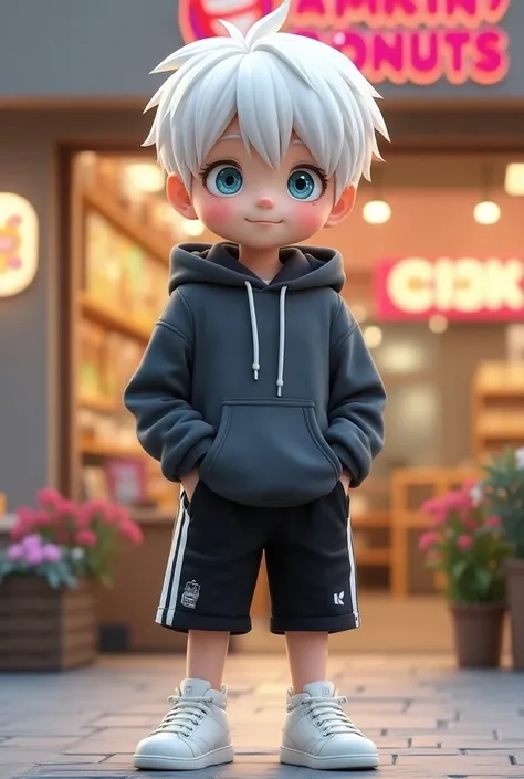 Standy style photo sticker full size real life photo view photo of cute  Japanese boy, fashionable white hair, big eyes, blue-green eyes, dark gray hoodie, black shorts with white stripes, wearing fashionable white leather sneakers, marmalade smile made Na...