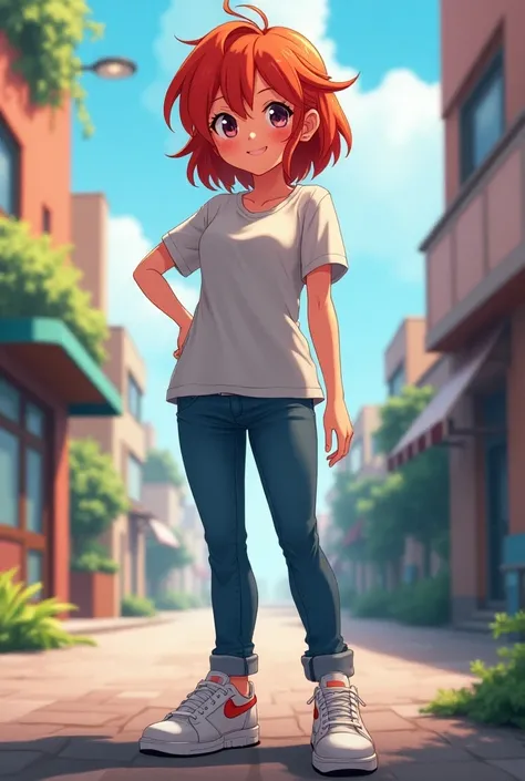 Adult anime character, red-haired, friendly, intelligent, jeans and sneakers 