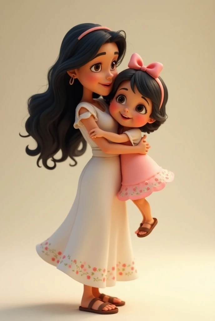  Classic 3D Disney style image of a mother holding her daughter, Mom has brown eyes, long curly black hair,  wearing a long white floral dress and sandals , The daughter is  , its small,  wears a headband with a bow ,  brown eyes short black hair , dressed...