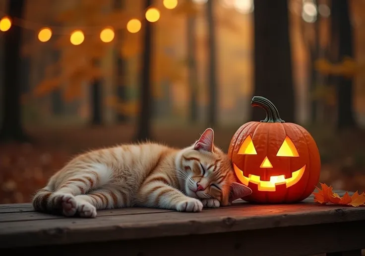  cafe in the woods with Halloween decorations, Jack O&#39;Lantern, Beautiful cat, Cat sleeping gracefully on wooden table,  high quality,  