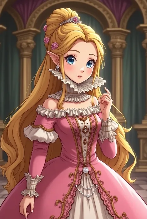 1400s Anime, Renaissance Princess Zelda wearing a Pink Dress with a Massive Medici Popped Collar